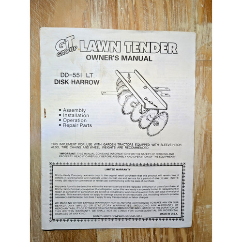 GT Group Lawn Tender Owner's Manual - DD-551 LT Disk Harrow manual - Fast Ship!