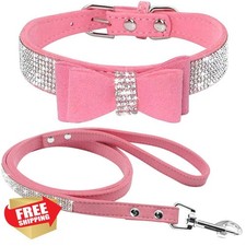 Haoyueer Suede Leather Dog Collar Leash M Pink Rhinestone Crystal