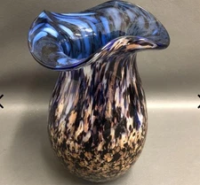Murano-Style Hand Blown Glass Cobalt Blue Vase 7.25 × 7.25 x 10.75 inches
