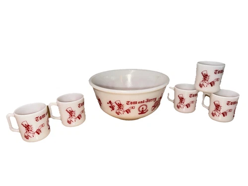 Vtg Milk Glass Hazel Atlas Egg Nog Bowl Tom & Jerry with 5 Matching Mugs & Bowl