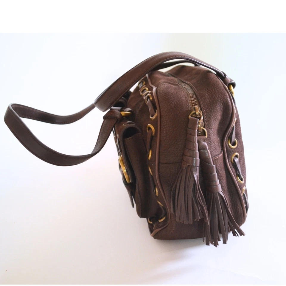 Cartera de cuero marrón Moschino vintage barata y elegante, anillos de latón, 2 bolsillos Foto 4 de 4