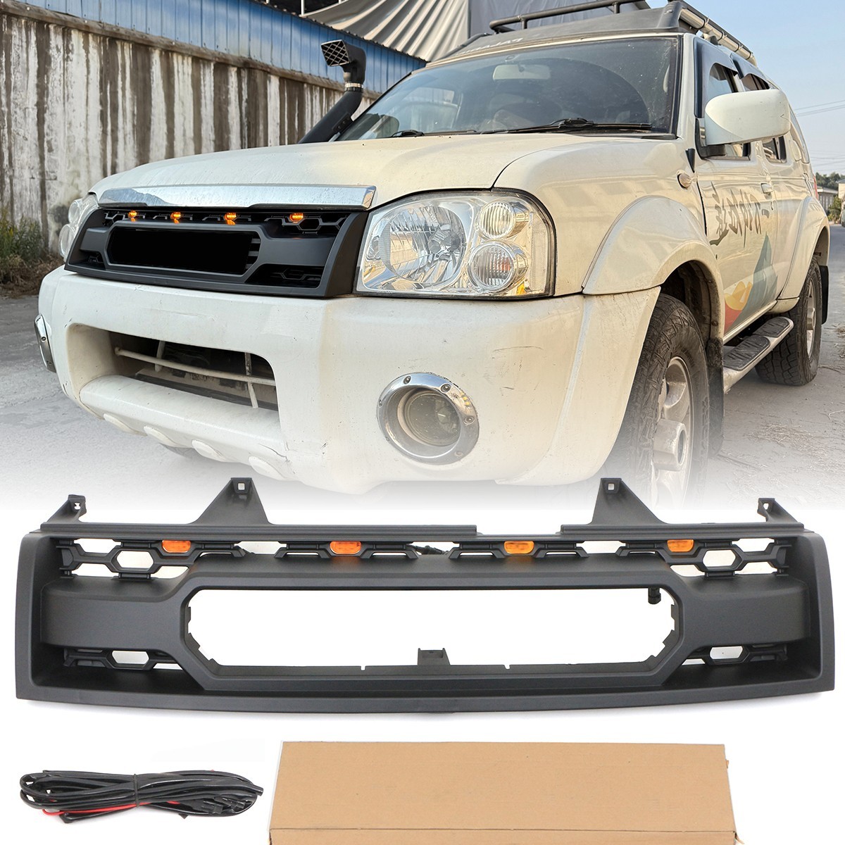 Black Grille Fits For Nissan Frontier D22 2001-2005 Front Grille W/LED Light