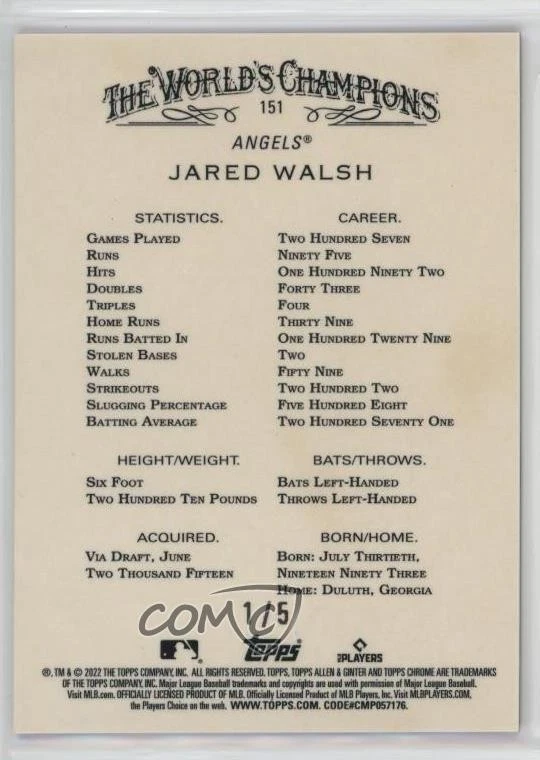 2022 Topps Allen & Ginter Chrome Red Refractor /5 Jared Walsh #151 - Image 2 of 2