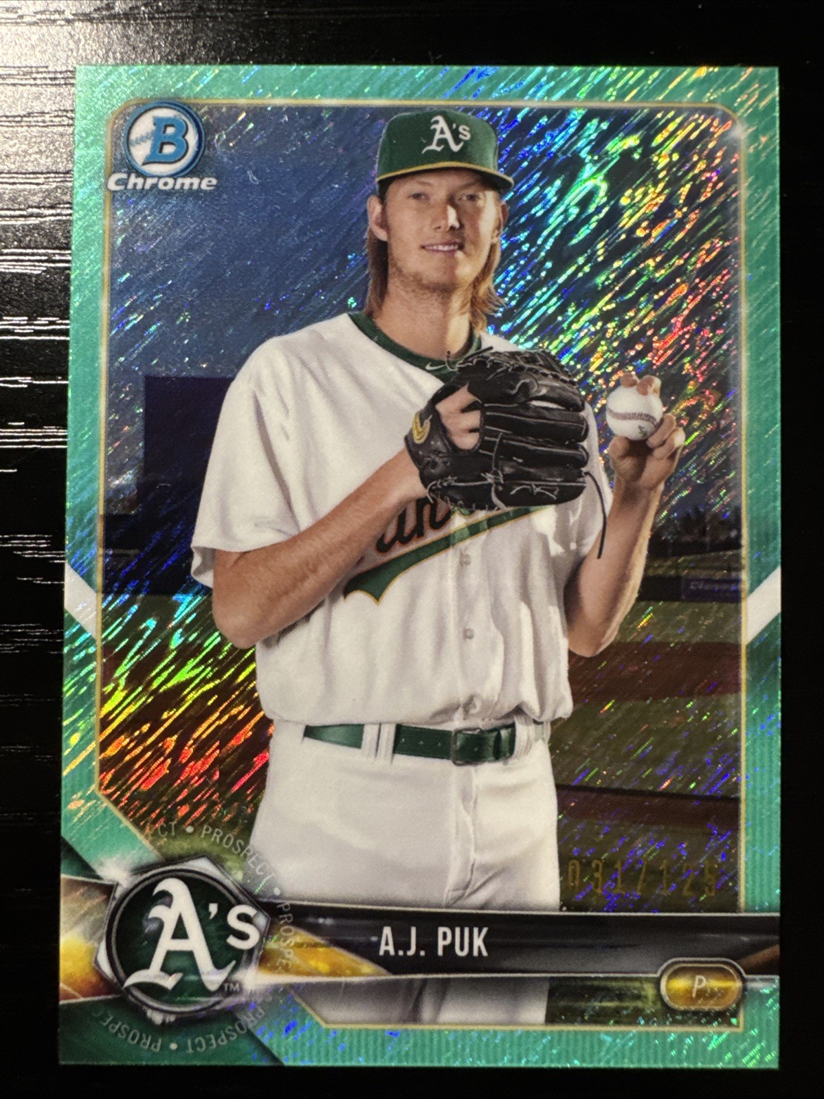 A.J. Puk /125 2018 Bowman Chrome Prospects #BCP142 Aqua Shimmer Refractor
