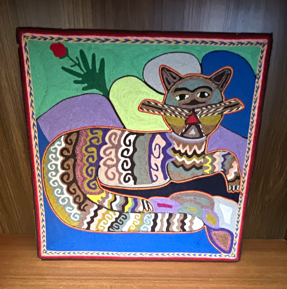 Vintage Huichol yarn painting cat vibrant Mexican folk art handmade wall art 