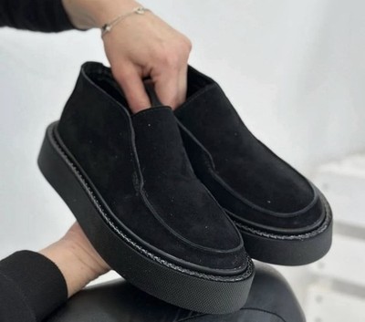 Black Suede Slip-On Platform Ankle Booties for Women Closed Toe Rubber Sole