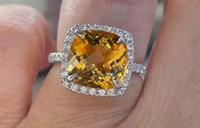 11mm Cushion Cut Lab Created Citrine Halo Engagement Ring 14K White Gold Plated