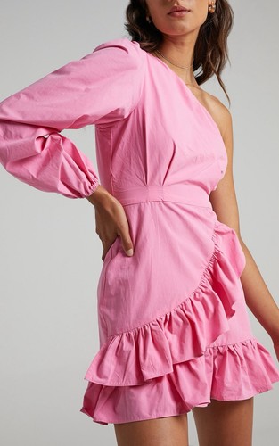 Showpo Udele Kleid in Kaugummi-Pink One-Shoulder-Rüschendetail Damengröße 8 - Bild 9 von 17