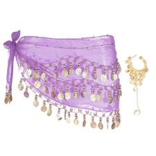 Belly Dance Hip Scarf 55x10" with 98 Gold Coin  Bracelet, Light Purple