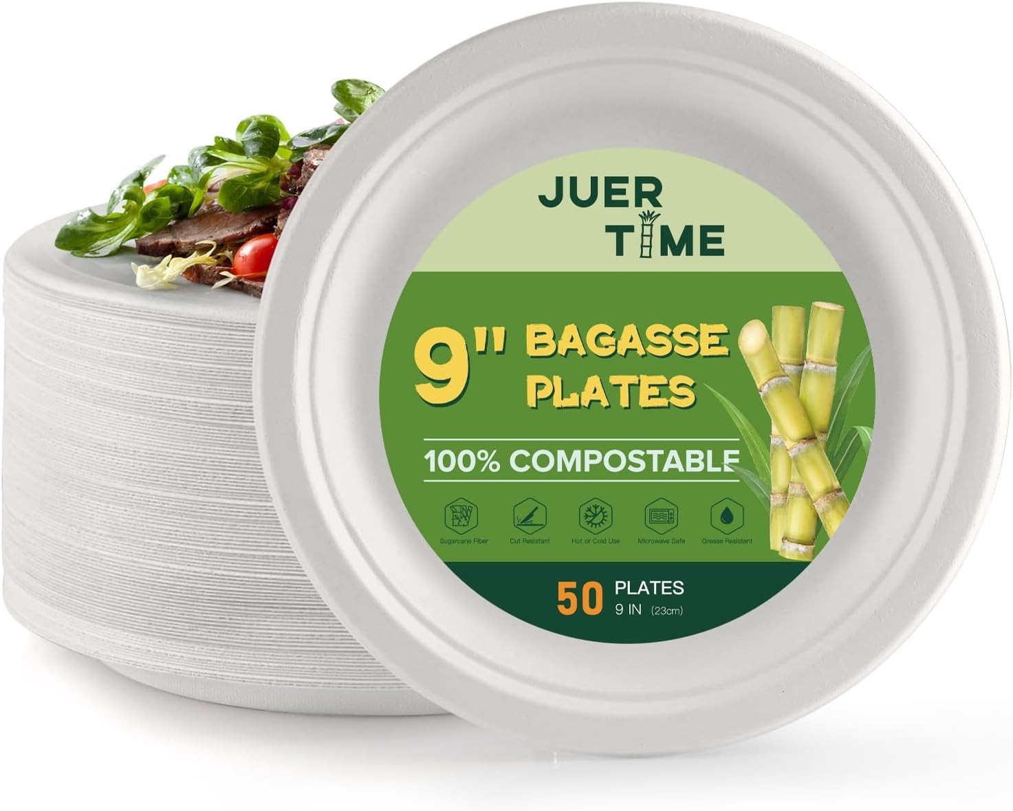 Strong Disposable Paper Plates - 9 inch Heavy Duty Bagasse Biodegradable Plates