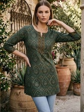 Indian Women Green Cotton Ethnic Motifs Printed Top Tunic Kurta Kurti Dress
