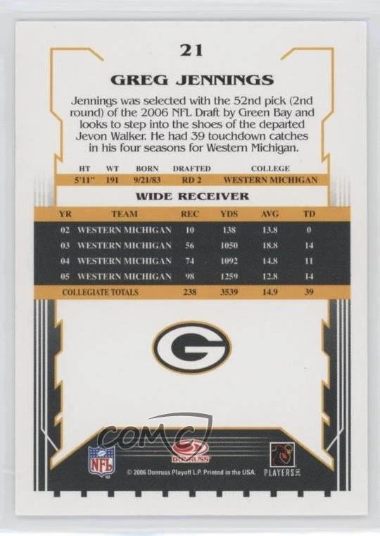 2006 Donruss Frito Lay Greg Jennings #21 Rookie RC - Image 2 of 2