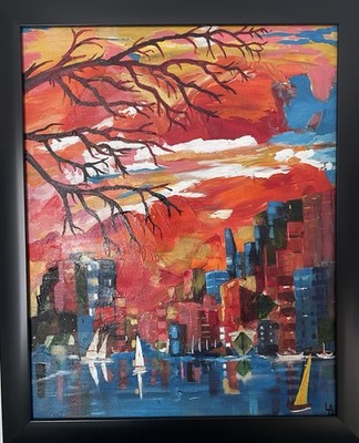 Original abstract/impressionist city seen colorful sky sailboats pleasing