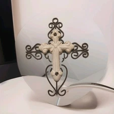 Metal & Ivory Ceramic Cross Wall Decor Rustic Look Ornate Small 5.5” x 6.5" Tall