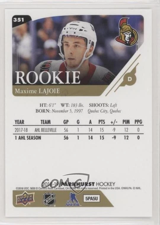 2018-19 Upper Deck Parkhurst Rookies Max Lajoie #351 Rookie RC - Image 2 of 2