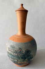 Wonderful Old Watcombe Pottery Scene Painted Lidded Bottle Flask Vase Torquay