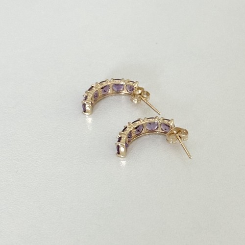 14K Yellow Gold Natural Amethyst Gemstone Half Hoop Post Earrings - Picture 3 of 7