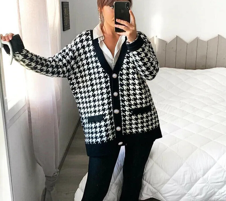 MAGLIA CARDIGAN PIED DE POULE MAGLIONE OVERSIZE NERO BIANCO ELEGANTE