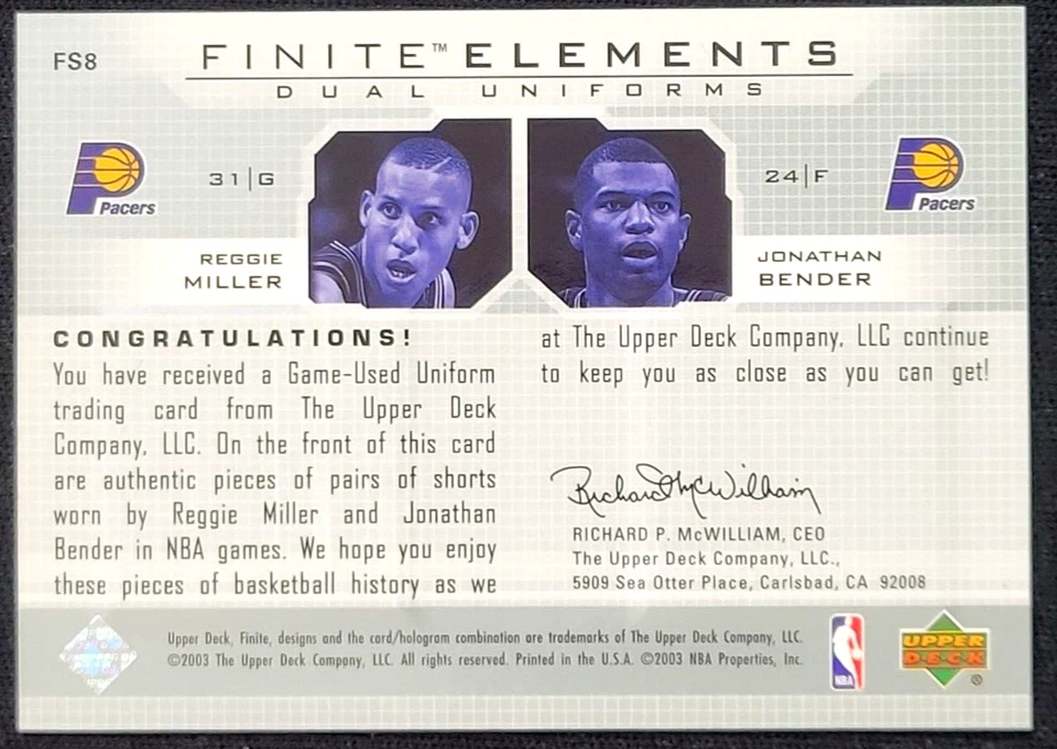 2003-04 UD FINITE REGGIE MILLER /JOHNATHAN BENDER FINITE ELEMENTS DUAL JERSEY - Image 2 of 2