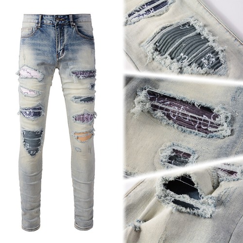 Men's Skinny Stretch Denim Jeans Ripped Distressed Wash Frayed Patch Details