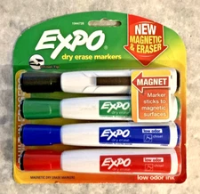 EXPO Set of 4 Magnetic Dry Erase Markers & Eraser w/ Chisel BLACK GREEN BLUE RED