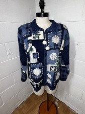 Tiara International Ugly Christmas Cardigan Sweater Blue Full Zip Snowman Med A1