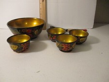 Vintage Lot of 6 Russian Khokhloma Hand Painted Laquer  Bowls & Spoon USSR
