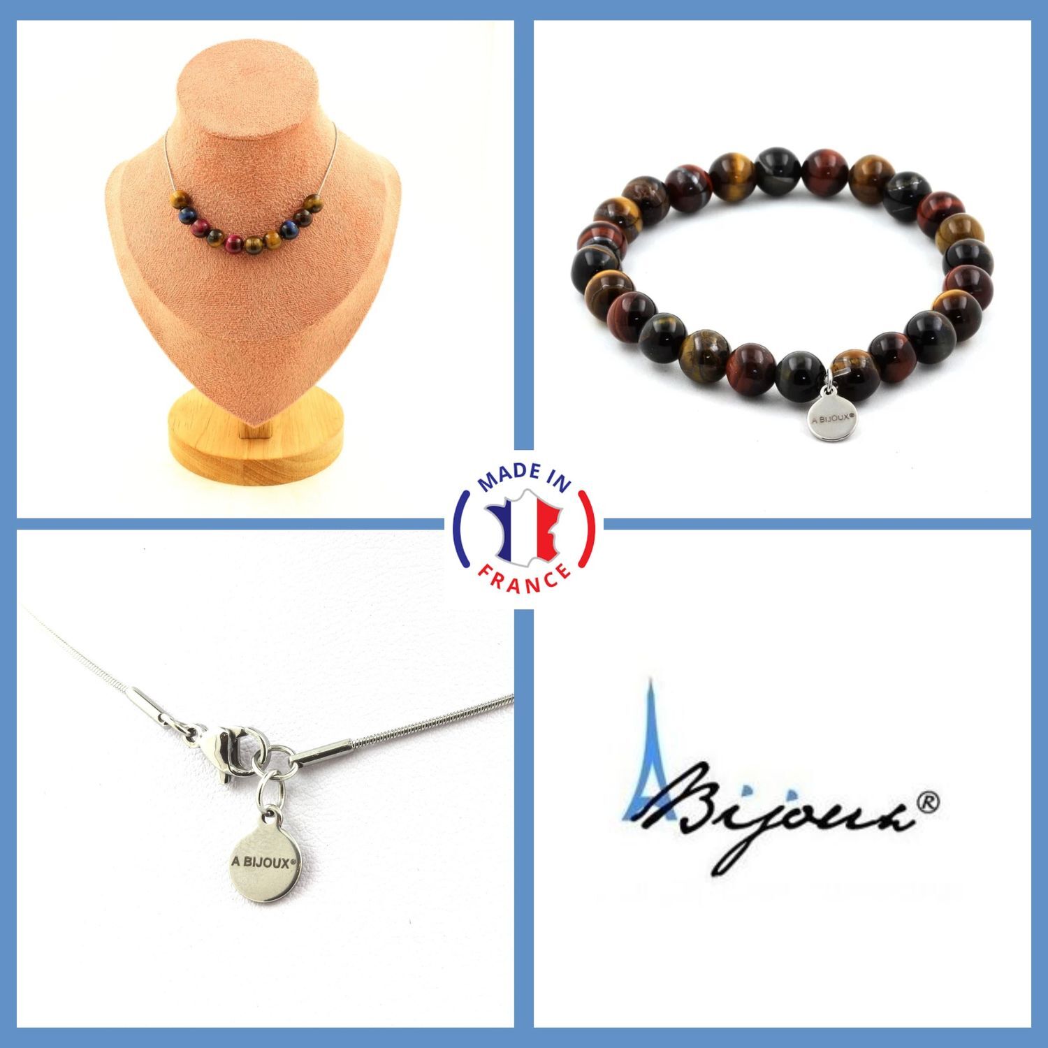 Oeil de Tigre parure bijoux avec collier et bracelet en pierres naturelles
