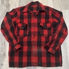 VTG 40s/50s Red Buffalo Plaid Heavily Distressed Twill Wool Button Flannel Shirt