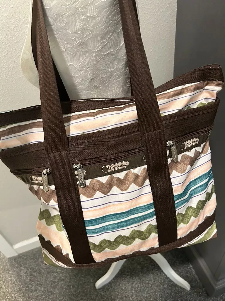 LeSportsac Carry on Travel Shoulder Tote Set w 3 Cosmetic Bags Brown Stripes VGC