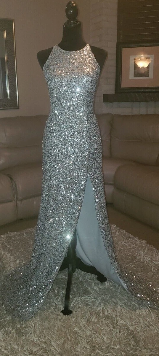 B. Darlin Spaghetti Strap Scoop Neck Strappy Back Sequined Long Dress