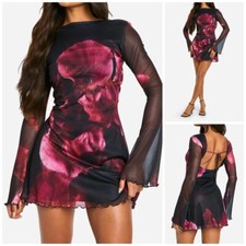 WOMANS SEXY BLUR FLORAL MESH FLARE SLEEVE MINI DRESS CLUBWEAR PARTY COCKTAIL