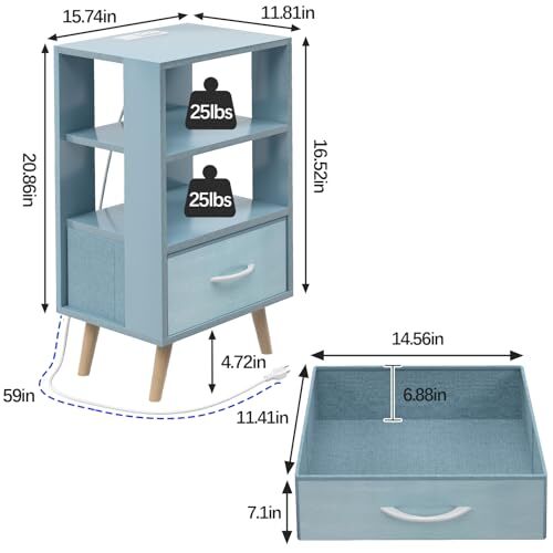 Night Stand with Charging Station, Blue Kids Nightstand with Drawer, 3-Tier - Picture 4 of 8