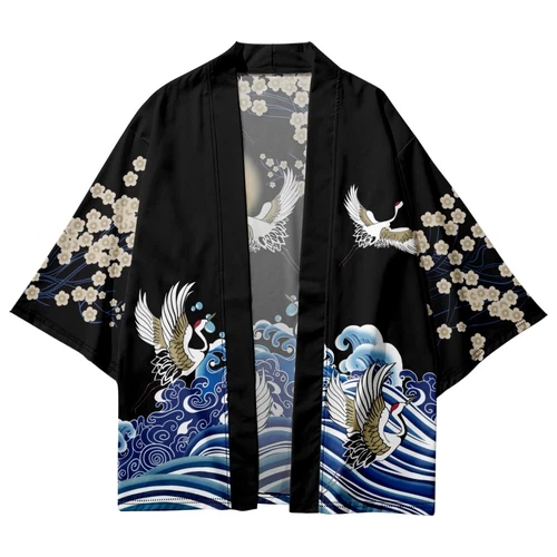 Men Japanese Kimono Outwear Loose Yukata Bathrobe Cardigan Crane Print Top - Bild 5 von 12