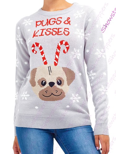 Womens Christmas Jumper Pugs and Kisses 