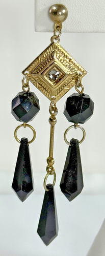 vtg Black & Gold Chandelier Dangle Earrings Runway Statement Movement - Picture 2 of 6