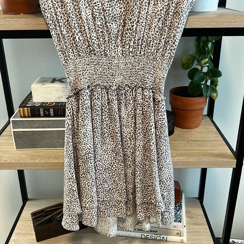 RAILS Angelina Sand Cheetah Tiered Linen Blend Smocked Waist Mini Dress, M - Picture 5 of 13