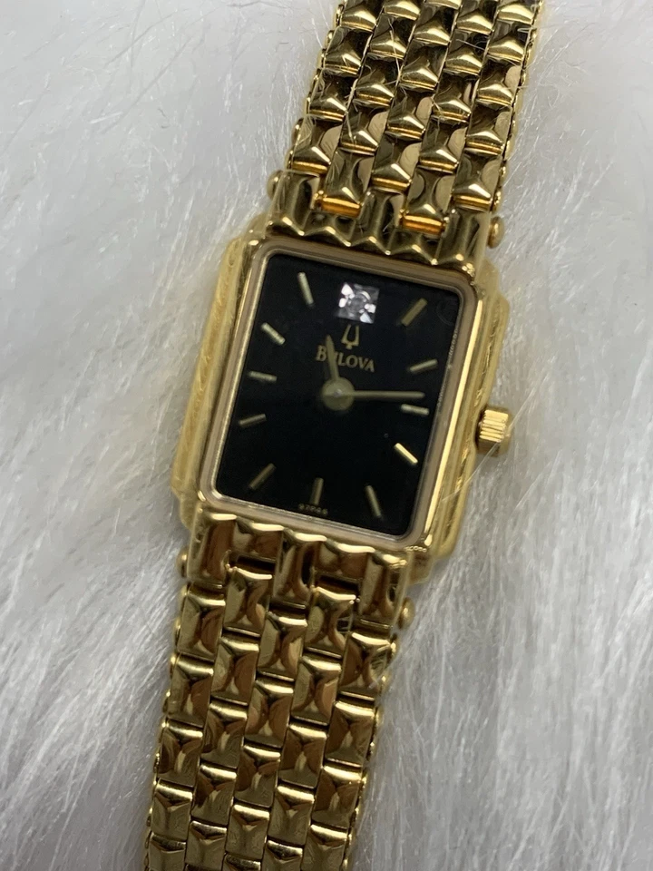 Bulova Tank Watch Women 17mm Gold Tone Black Dial 97P46 A3 New Battery - Image 2 of 4