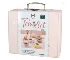 Members Mark Porcelain Tea Set 15 Piece Pretend Play with Carrying Case