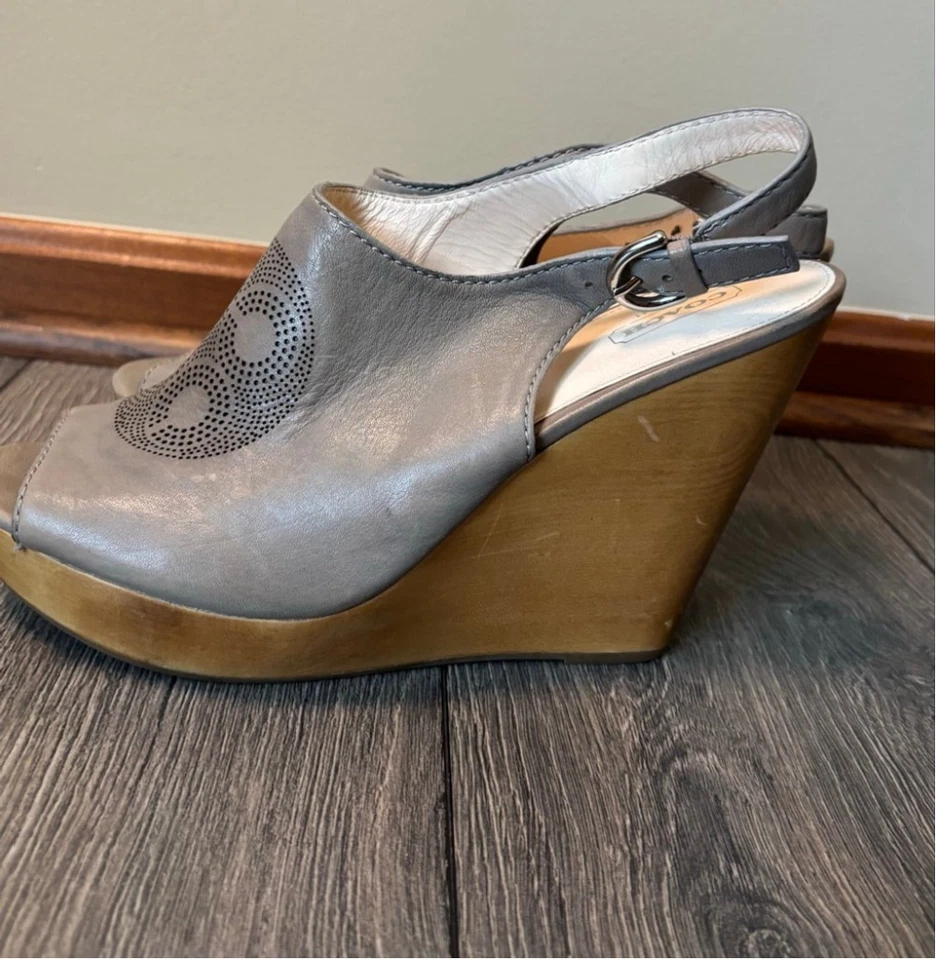 Coach Jade Cuña Plataforma Cuero Corte Láser Punta abierta Gris Taupe W 11B Foto 4 de 4