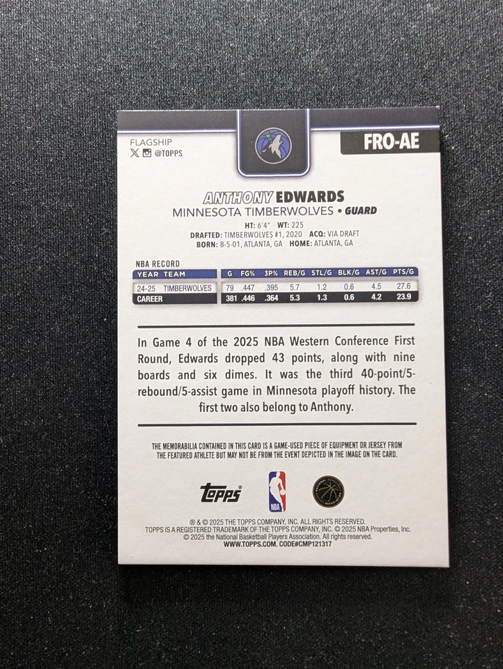 ANTHONY EDWARDS Jersey gameworn 2025-26 Topps Flagship Real One Relics #FRO-AE - Bild 4 von 4