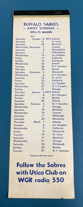 RARE 1972-73 Buffalo Sabres Season Ticket Road Schedule ATLANTA FLAMES DEBUT TIE