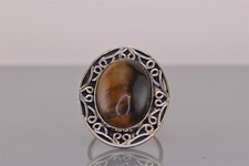 Sterling Silver Looped Bezel Oval Tigers Eye Statement Band Ring 10g 925 Sz: 8