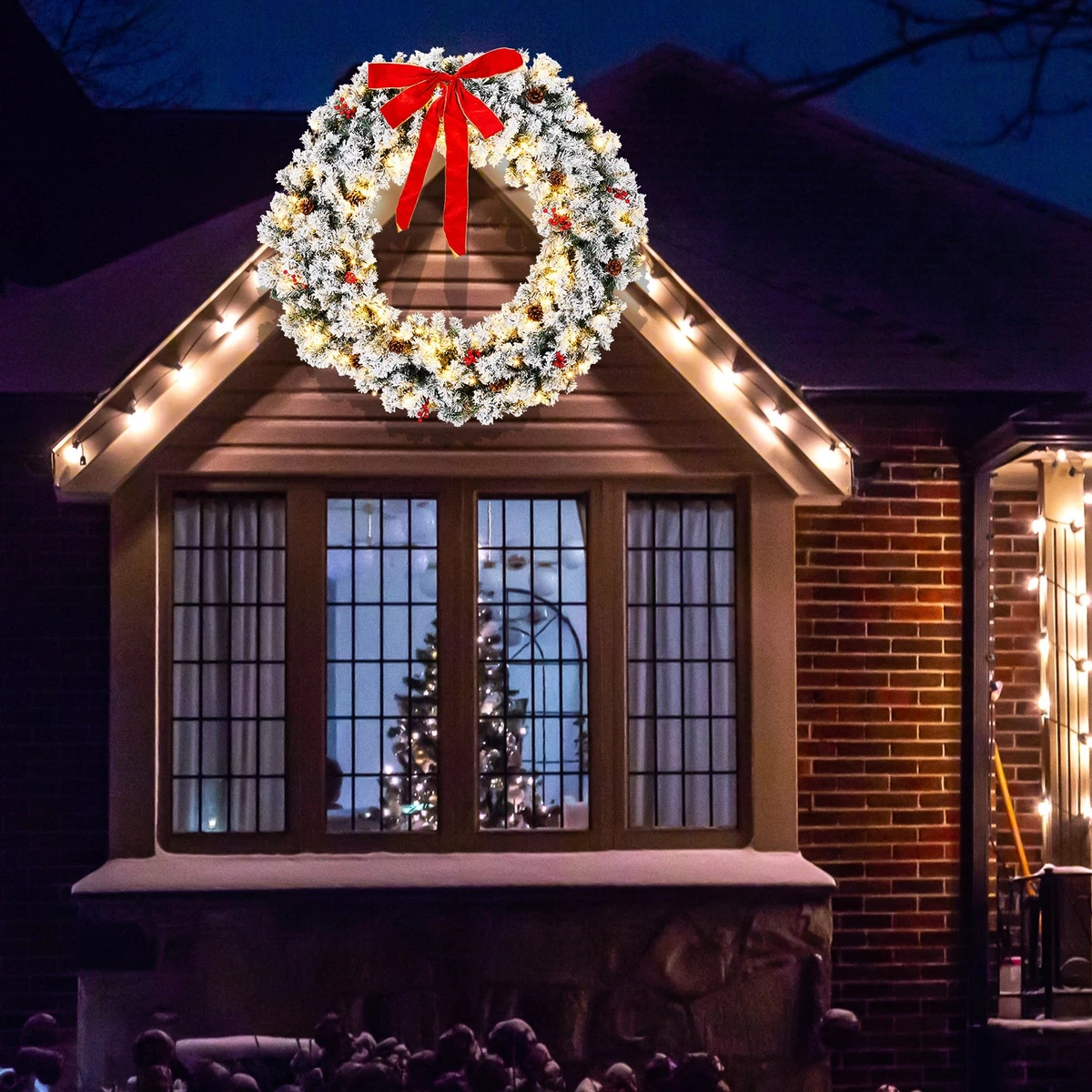 Corona De Navidad Colgante Con Luces LED Azules - Decoración Navideña Para Pared O Puerta, Material Plástico/Ratán - Funciona Con 2 Pilas AA (No Incluidas)