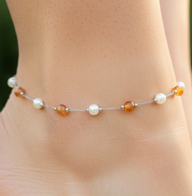Elegant Silver Tone Anklet Minimalist Boho Orange Carnelian & Pearl Beaded