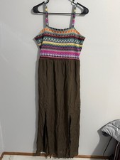 Cato Dress Womens Medium Maxi Smocked Brown Rainbow Crochet Vacation Split Hem