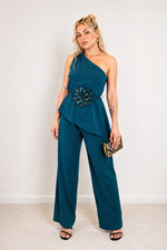 Women's Teal 2 Piece Set Asymmetrical Top Palazzo Wide Leg Pants