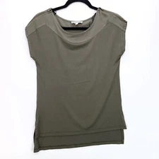 Pleione Womens Casual Top Soft Stretch Zip Off Shoulder Small Short Sleeve Green