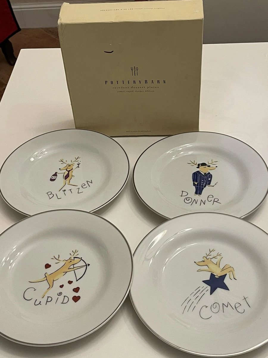POTTERY BARN REINDEER PLATES DESSERT SALAD 8.25 COMET CUPID DONNER BLITZEN LOT