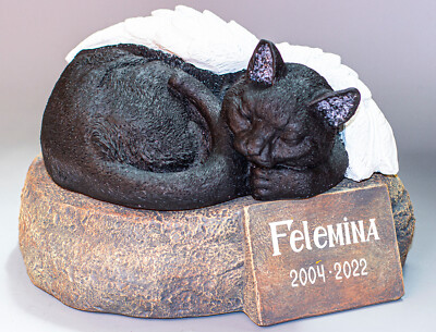 Black Cat Memorial Stone Grave Marker Cremation Urn Statue Pet Angel Wings Decor